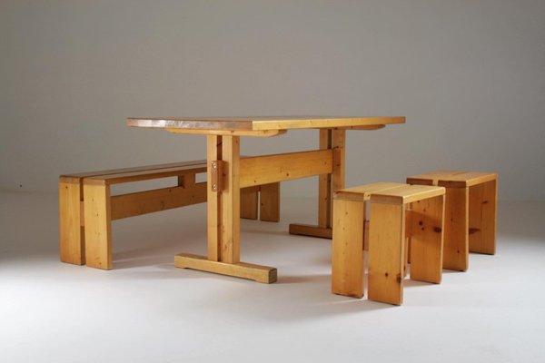 Large Les Arcs Table, Bench and 2 Stools attributed to Charlotte Perriand, France, 1960s, Set of 4-OTV-1397609