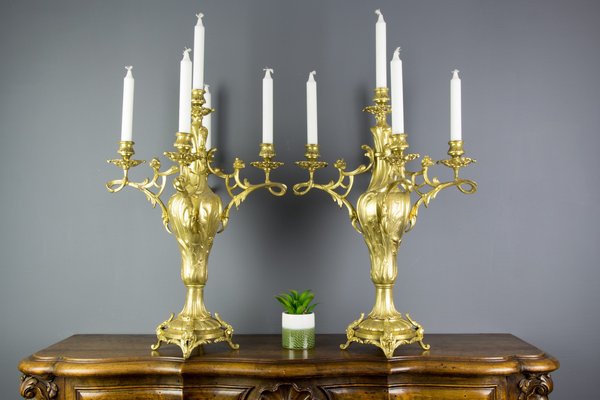 Large Louis XV Style Bronze Candleholders, 1920s, Set of 2-KEG-709417