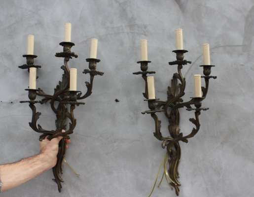 Large Louis XV Style Bronze Sconces with 5 Bulb Lights, Set of 2-UWJ-1181950