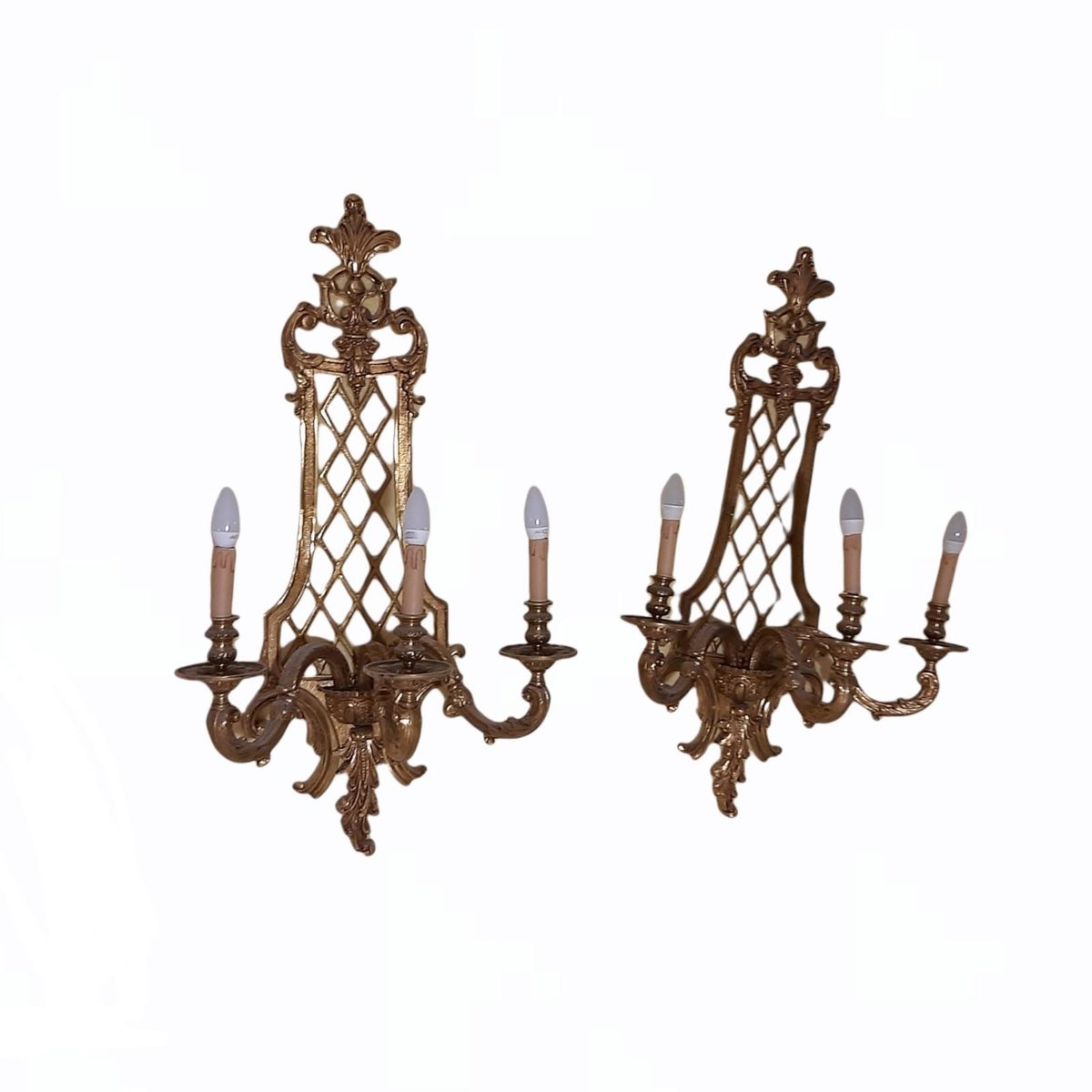 Large Louis XV Style Gilt Bronze 3-Light Sconces, Set of 2