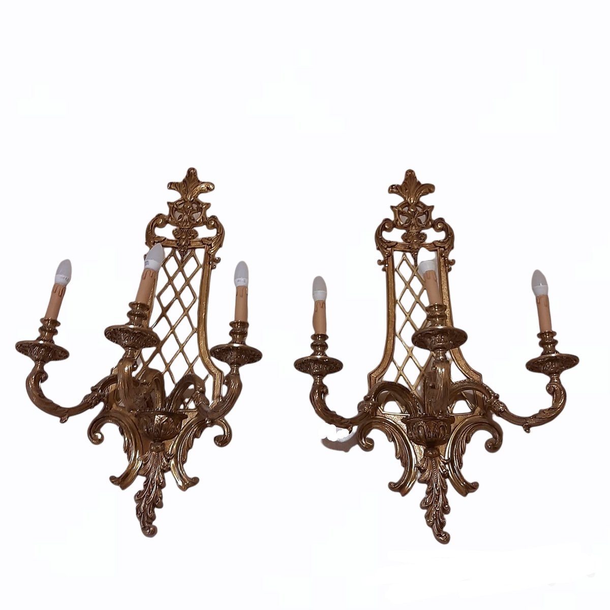 Large Louis XV Style Gilt Bronze 3-Light Sconces, Set of 2