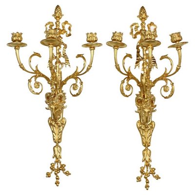 Large Louis XVI Three-Light Candle Sconces with Rams' Heads, 19th Century, Set of 2-KMT-1425521