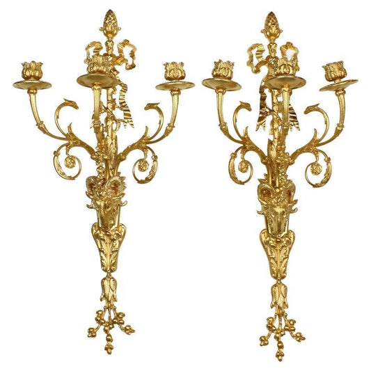 Large Louis XVI Three-Light Candle Sconces with Rams' Heads, 19th Century, Set of 2