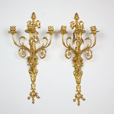 Large Louis XVI Three-Light Candle Sconces with Rams' Heads, 19th Century, Set of 2-KMT-1425521