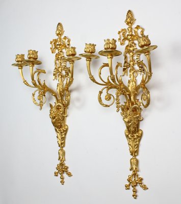 Large Louis XVI Three-Light Candle Sconces with Rams' Heads, 19th Century, Set of 2-KMT-1425521