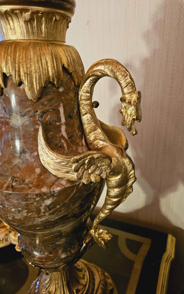 Large Marble and Gilt Bronze Vases with Dragons, Set of 2