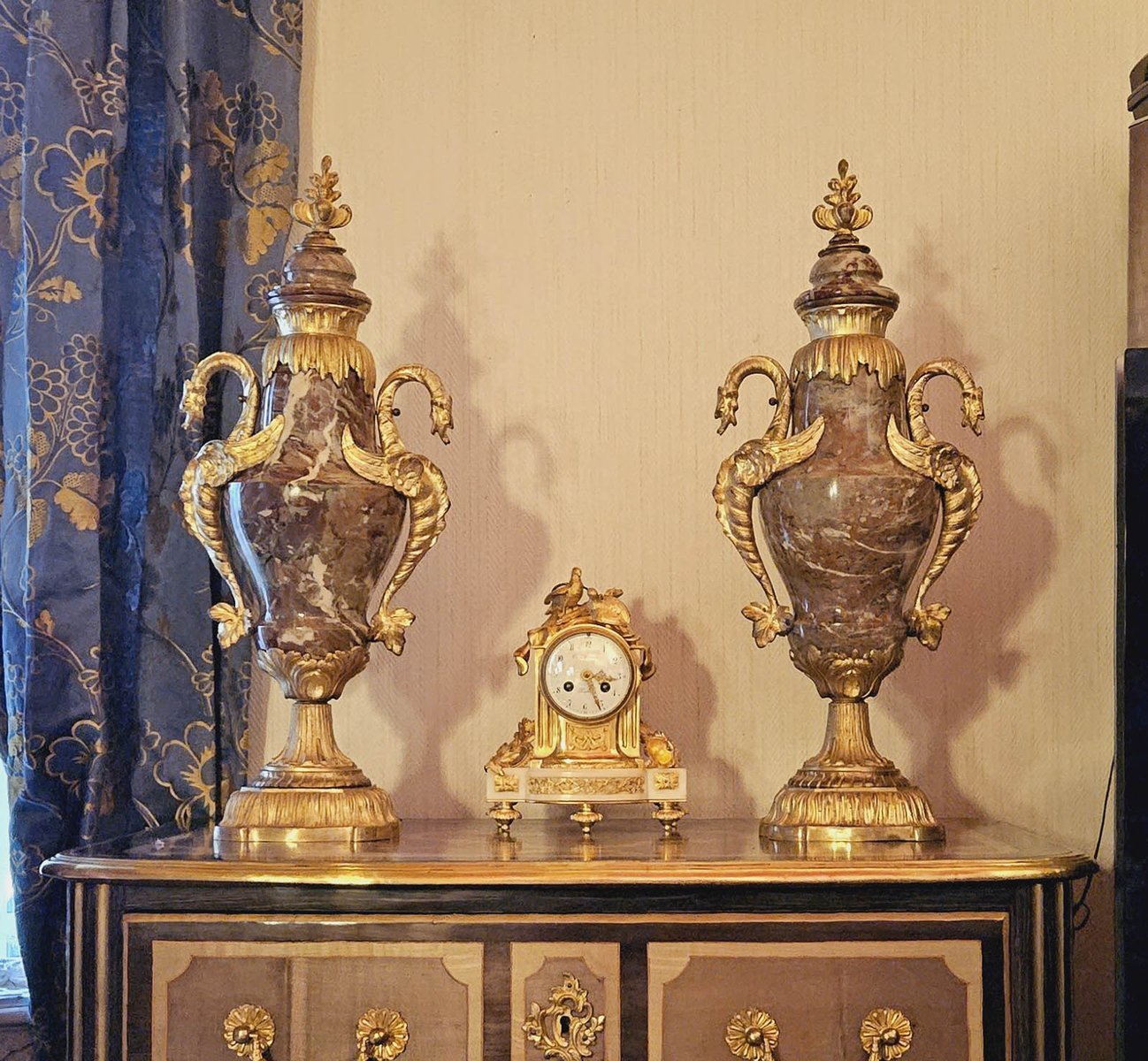 Large Marble and Gilt Bronze Vases with Dragons, Set of 2