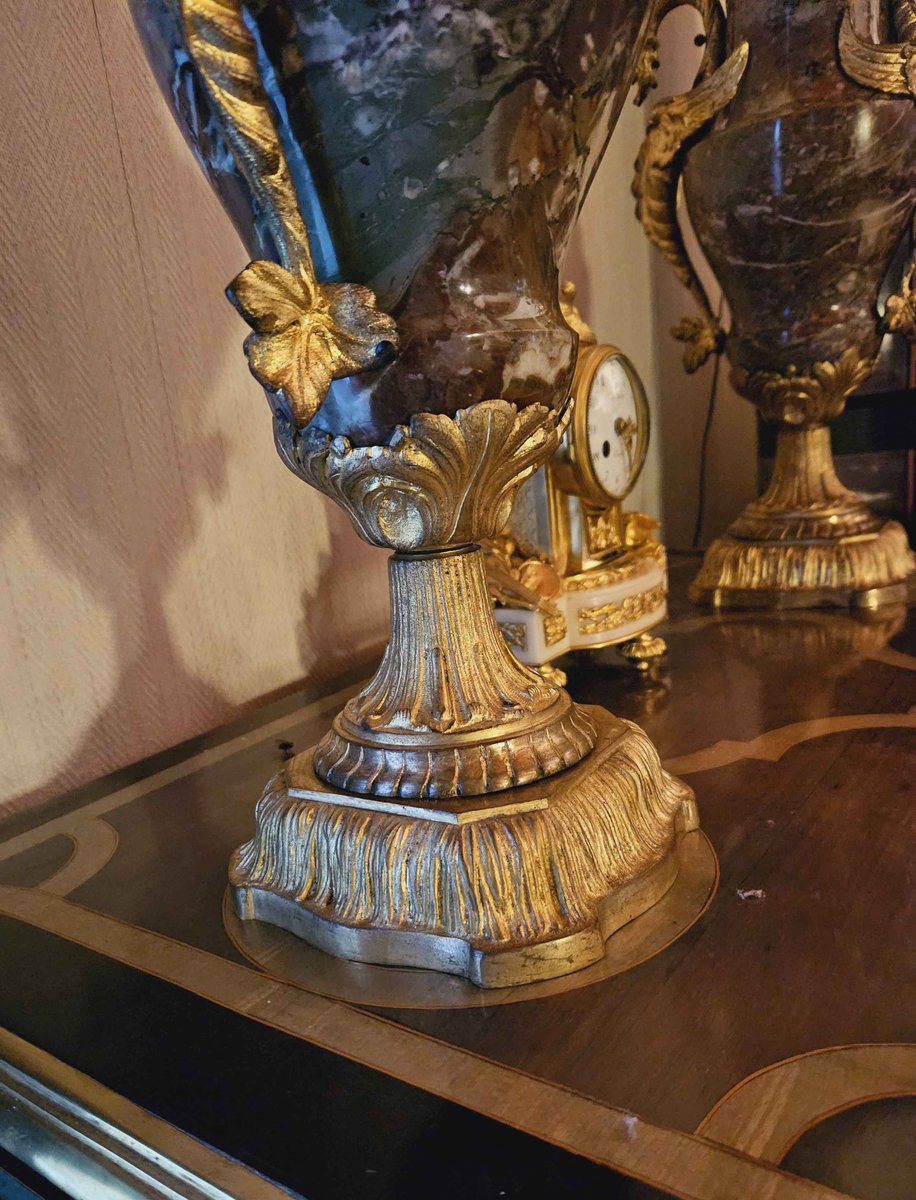 Large Marble and Gilt Bronze Vases with Dragons, Set of 2