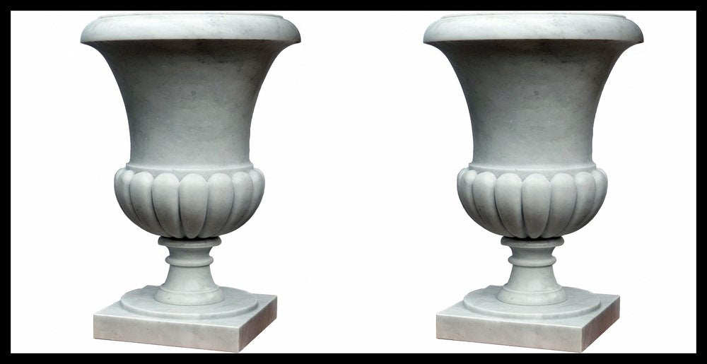 Large Mediceo Baccellato Vase in White Carrara Marble, 20th Century, Set of 2