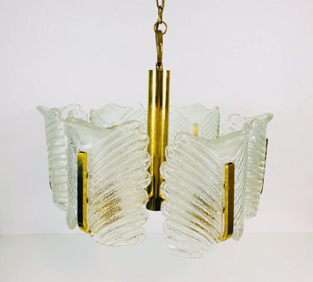 Large Mid-Century 6-Arm Brass and Ice Glass Chandelier from JSB Leuchten, 1960s-PUK-555417