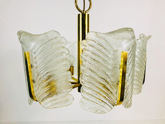 Large Mid-Century 6-Arm Brass and Ice Glass Chandelier from JSB Leuchten, 1960s-PUK-555417