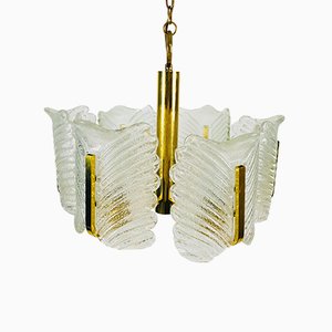 Large Mid-Century 6-Arm Brass and Ice Glass Chandelier from JSB Leuchten, 1960s-PUK-555417