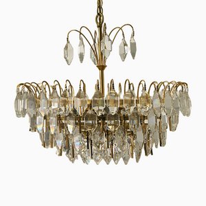 Large Mid-Century Brass and Crystal Glass Ceiling Lamp from Palwa-UMB-1105306