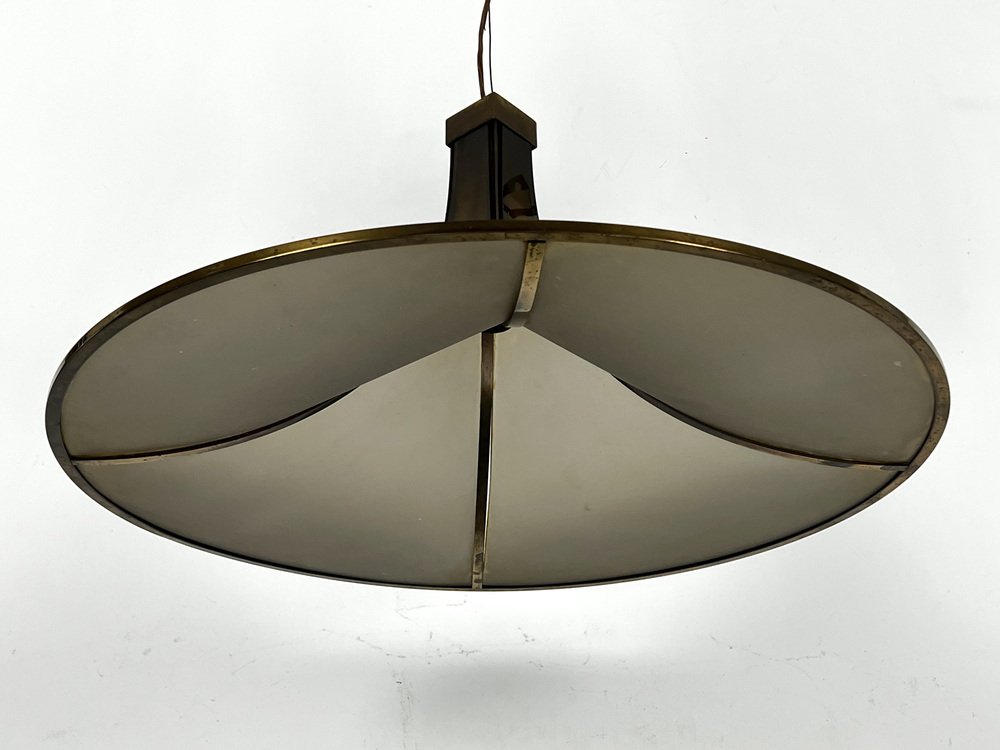 Large Mid-Century Brass and Curved Glass Esperia Ceiling Lamp Model Pagoda by Angelo Brotto for Esperia, 1960s