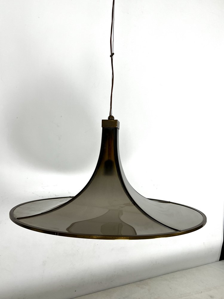 Large Mid-Century Brass and Curved Glass Esperia Ceiling Lamp Model Pagoda by Angelo Brotto for Esperia, 1960s