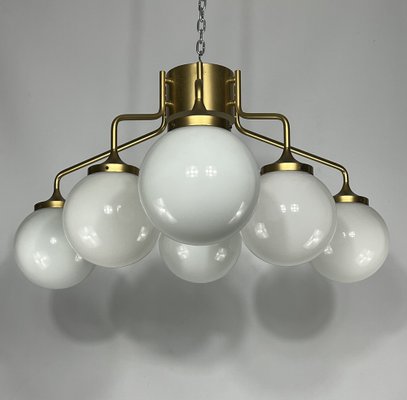 Large Mid-Century Brass and Milk Glass Ceiling Lamp from Reggiani, Italy, 1970s-OT-1286919