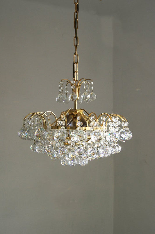 Large Mid-Century Brass & Crystal Glass Ceiling Lamp from Christoph Palme