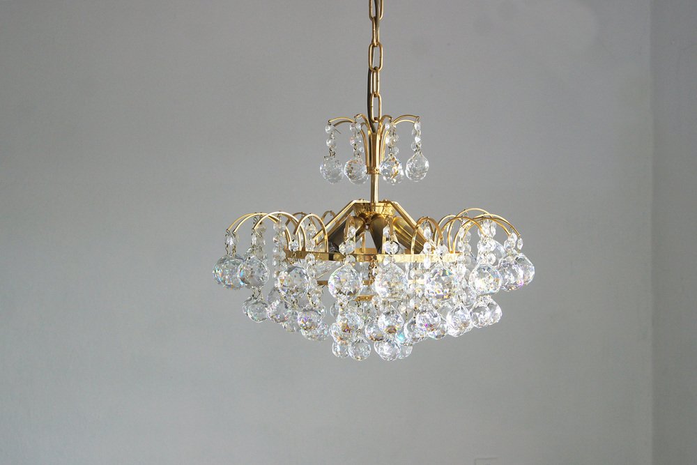 Large Mid-Century Brass & Crystal Glass Ceiling Lamp from Christoph Palme