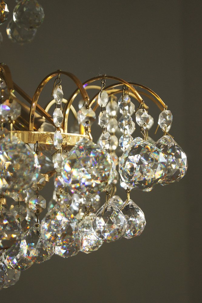 Large Mid-Century Brass & Crystal Glass Ceiling Lamp from Christoph Palme