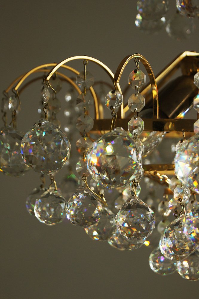 Large Mid-Century Brass & Crystal Glass Ceiling Lamp from Christoph Palme