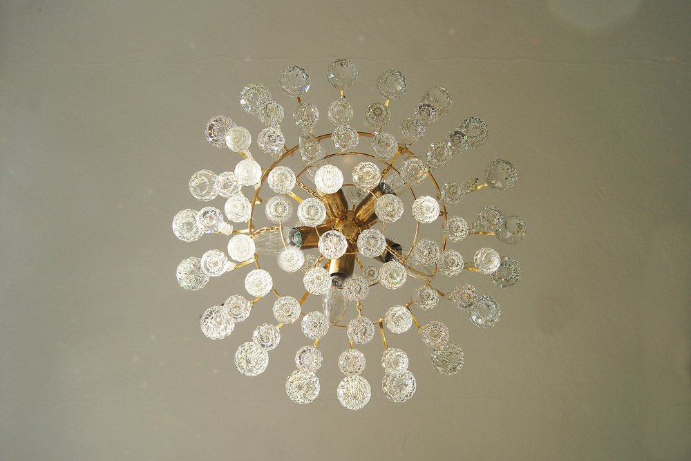 Large Mid-Century Brass & Crystal Glass Ceiling Lamp from Christoph Palme