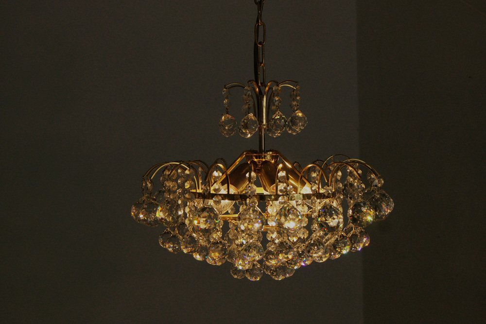 Large Mid-Century Brass & Crystal Glass Ceiling Lamp from Christoph Palme