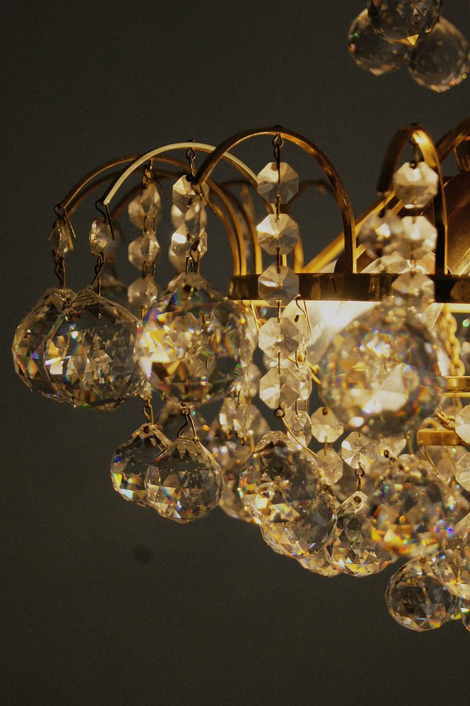 Large Mid-Century Brass & Crystal Glass Ceiling Lamp from Christoph Palme