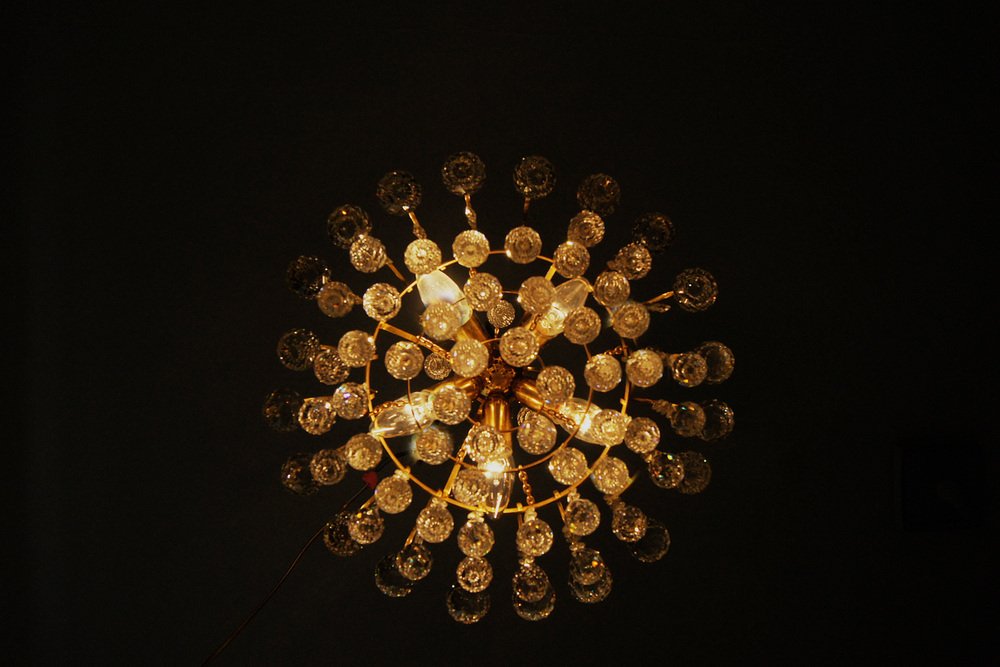 Large Mid-Century Brass & Crystal Glass Ceiling Lamp from Christoph Palme