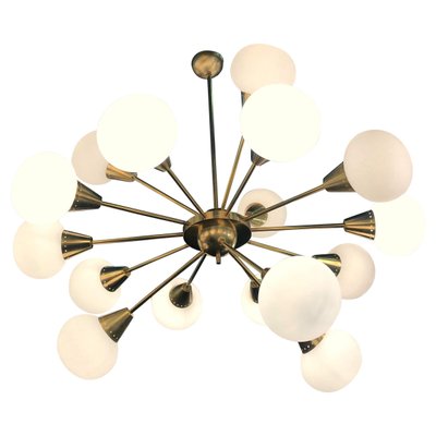 Large Mid-Century Brass, Opaline & Murano Glass Sputnik Chandelier-MBH-1084942