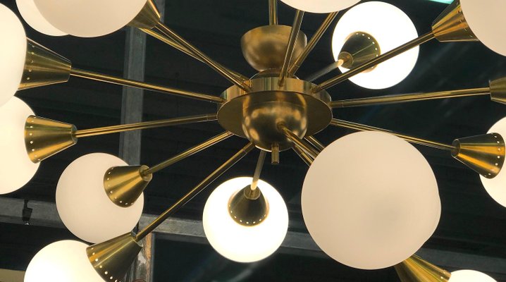 Large Mid-Century Brass, Opaline & Murano Glass Sputnik Chandelier-MBH-1084942