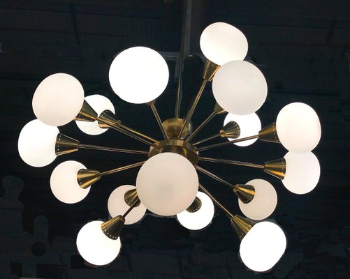 Large Mid-Century Brass, Opaline & Murano Glass Sputnik Chandelier-MBH-1084942