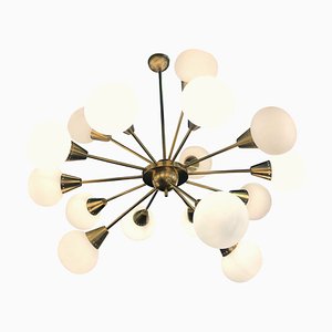 Large Mid-Century Brass, Opaline & Murano Glass Sputnik Chandelier-MBH-1084942