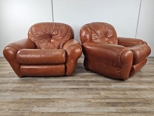 Large Mid-Century Brown Leather Armchairs, 1970, Set of 2-ZUW-2034990