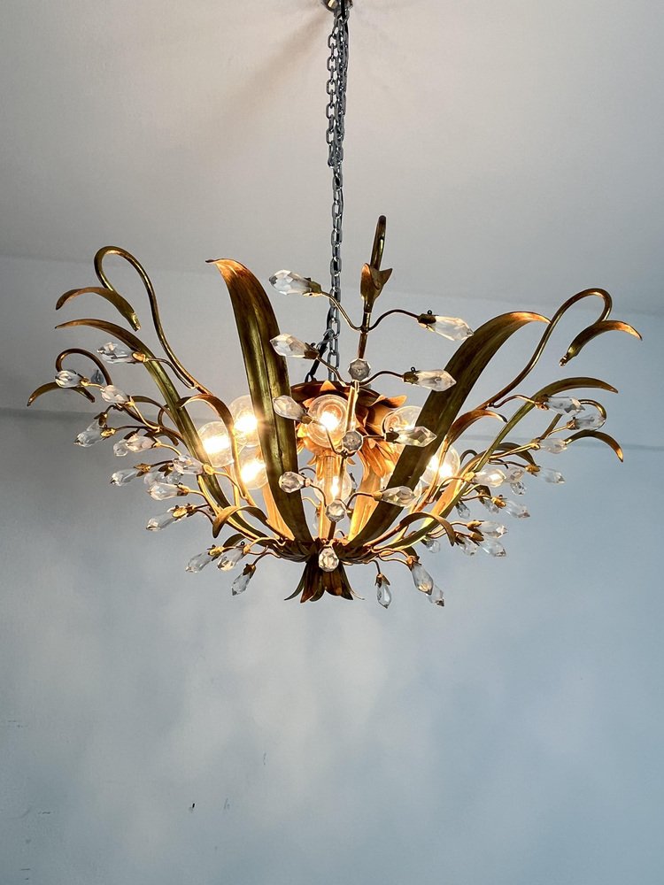 Large Mid-Century Ceiling Lights in Crystal and Iron attributed to Maison Baguès, 1970s, Set of 2