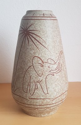 Large Mid-Century Ceramic Vase with Elephant and Palm Tree-QDP-1300165