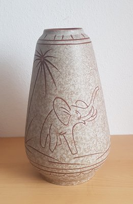 Large Mid-Century Ceramic Vase with Elephant and Palm Tree-QDP-1300165