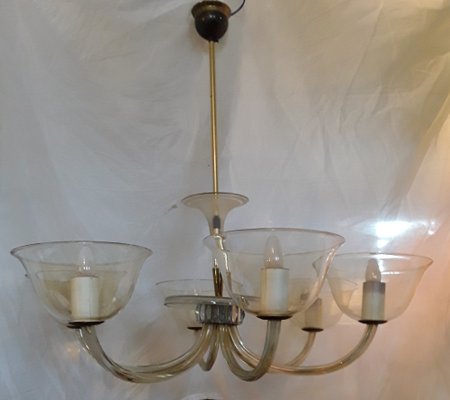 Large Mid-Century Chandelier with Mouth-Blown Glass Bowls, Candle Spouts & 6 Bent Glass Arms, 1950s-HOI-1162149