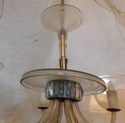 Large Mid-Century Chandelier with Mouth-Blown Glass Bowls, Candle Spouts & 6 Bent Glass Arms, 1950s-HOI-1162149