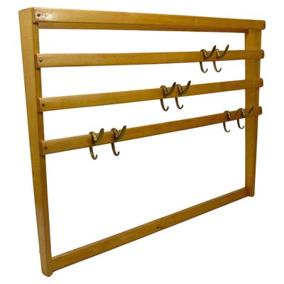 Large Mid-Century Coat Rack in Beech with 8 Brass Hooks attributed to Carl Auböck, 1950s-MWV-1791377