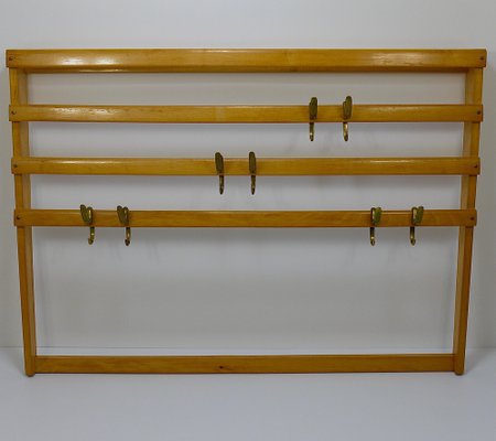 Large Mid-Century Coat Rack in Beech with 8 Brass Hooks attributed to Carl Auböck, 1950s-MWV-1791377