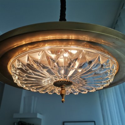 Large Mid-Century Cream Metal Gold Crystal Glass Pull Down Hanging Lamp, 1960s-SCS-1296068