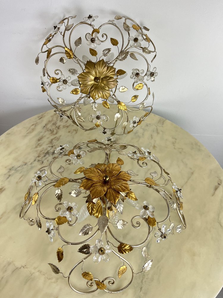 Large Mid-Century Crystal and Iron Ceiling Lights in the style of Maison Baguès, 1980s, Set of 2