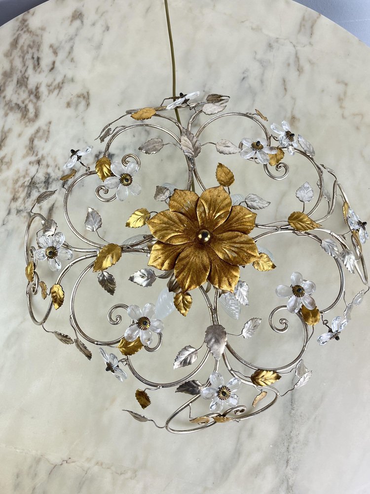 Large Mid-Century Crystal and Iron Ceiling Lights in the style of Maison Baguès, 1980s, Set of 2