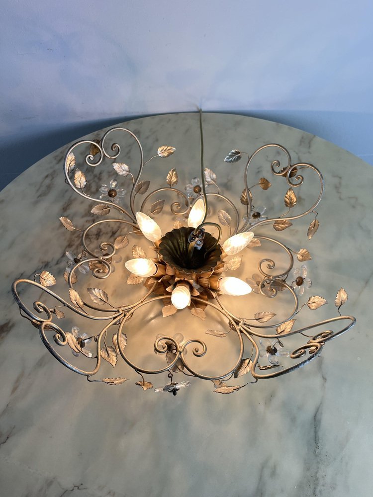 Large Mid-Century Crystal and Iron Ceiling Lights in the style of Maison Baguès, 1980s, Set of 2