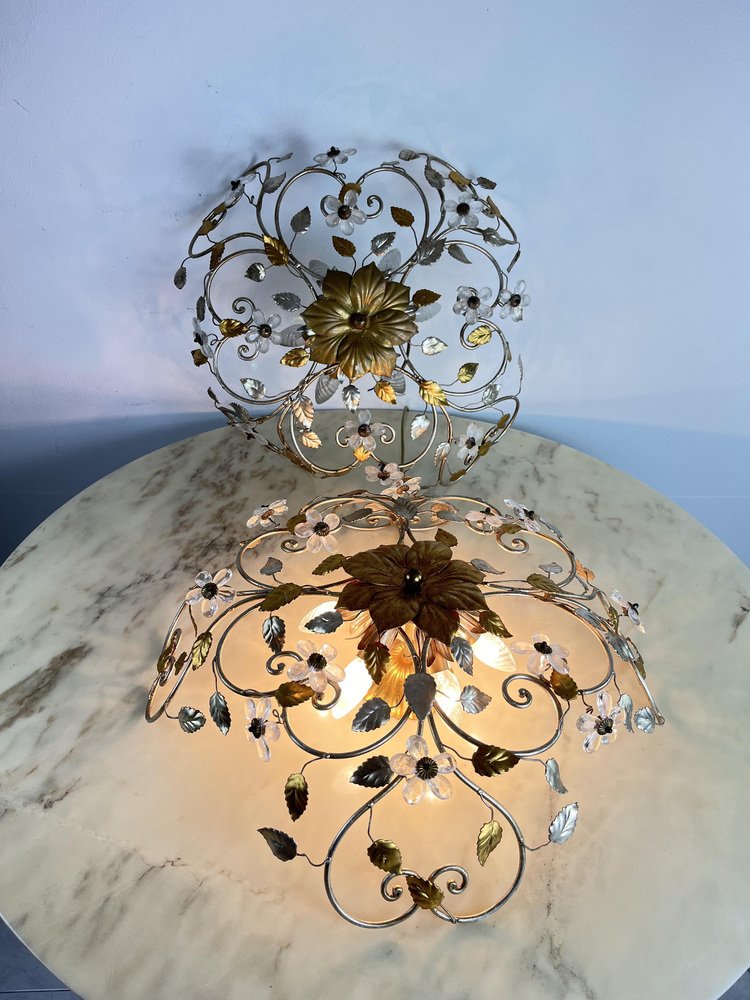 Large Mid-Century Crystal and Iron Ceiling Lights in the style of Maison Baguès, 1980s, Set of 2