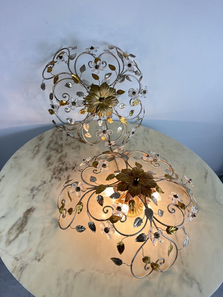 Large Mid-Century Crystal and Iron Ceiling Lights in the style of Maison Baguès, 1980s, Set of 2