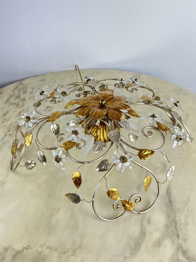 Large Mid-Century Crystal and Iron Ceiling Lights in the style of Maison Baguès, 1980s, Set of 2