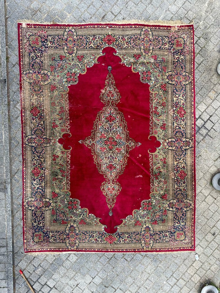 Large Mid-Century Distressed Kirman Rug, 1950s