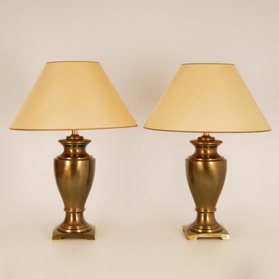 Large Mid-Century Gold Brass Table Lamps & Silk Lampshades, Set of 2-GOE-1152877