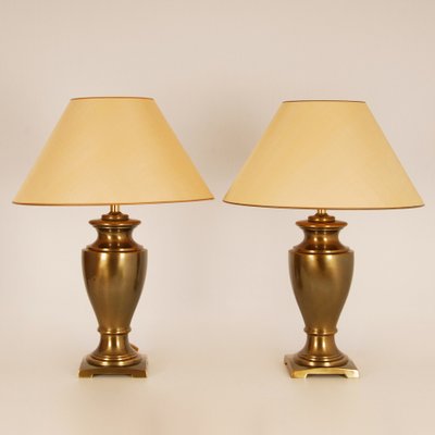 Large Mid-Century Gold Brass Table Lamps & Silk Lampshades, Set of 2-GOE-1152877